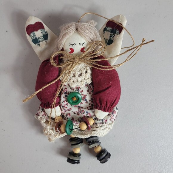 Vintage Christmas Rag Doll Country Angel Ornaments Set of 2 Yarn Hair Button Leg - Picture 2 of 7